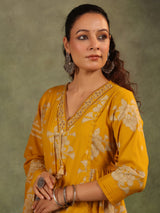 Mustard yellow silk floral printed festive kurti set