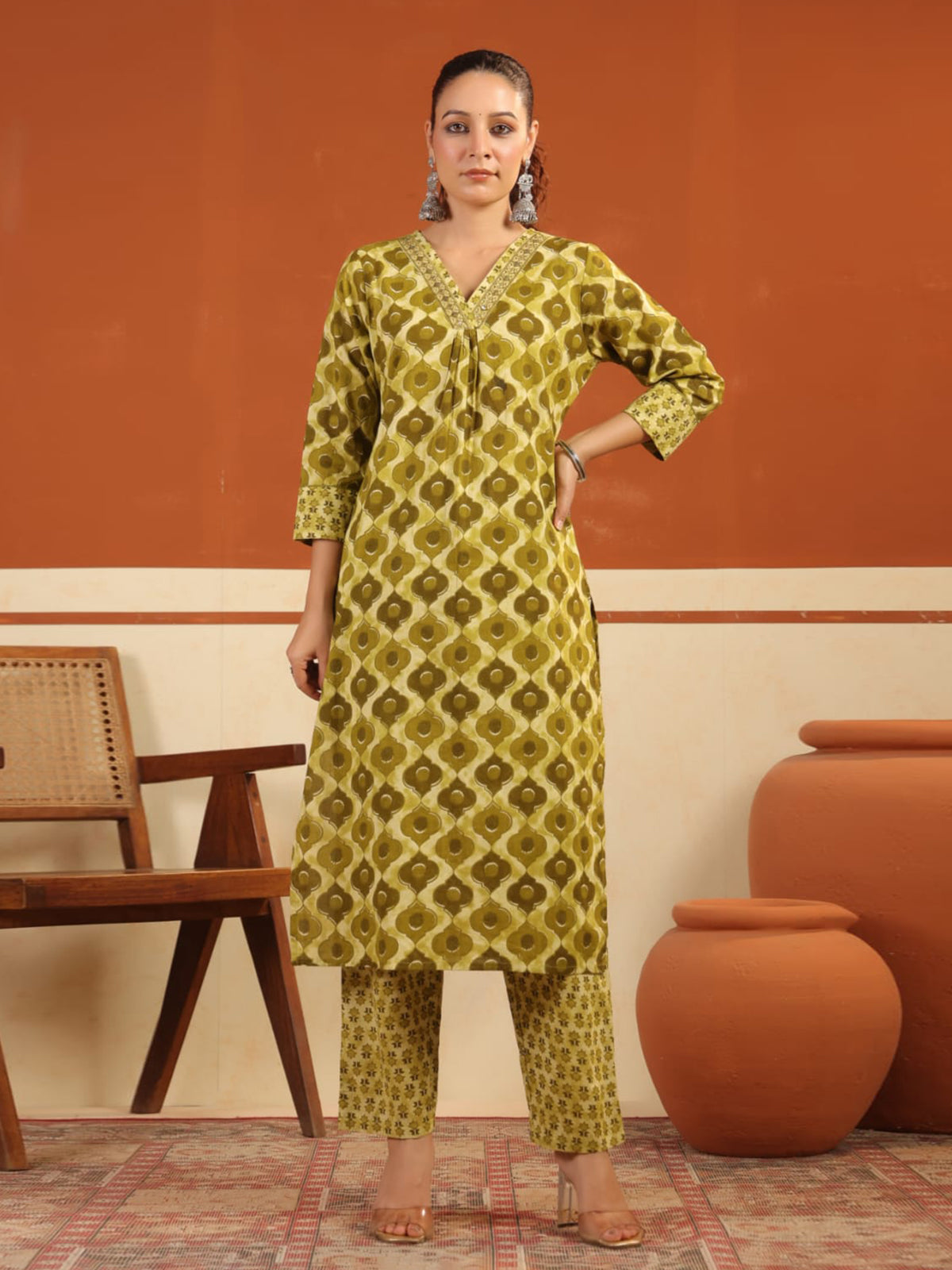 Mehendi green silk floral printed festive kurti set