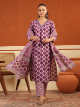 Purple silk floral printed festive kurti set with dupatta