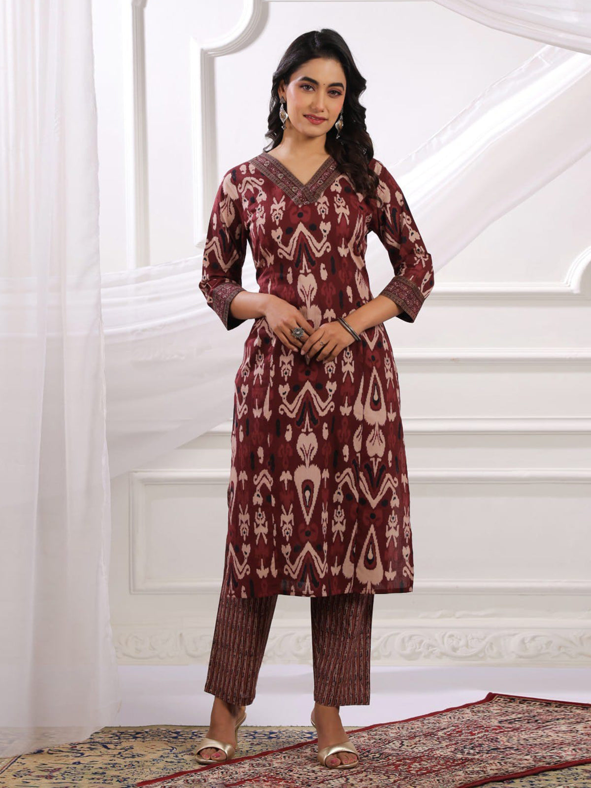 Maroon silk floral printed festive kurti set with dupatta