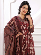 Maroon silk floral printed festive kurti set with dupatta