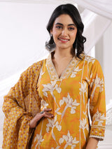 Mustard yellow silk embroidered floral kurti set with dupatta