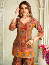 Pastel mehendi green silk sharara set with quarter sleeves for women