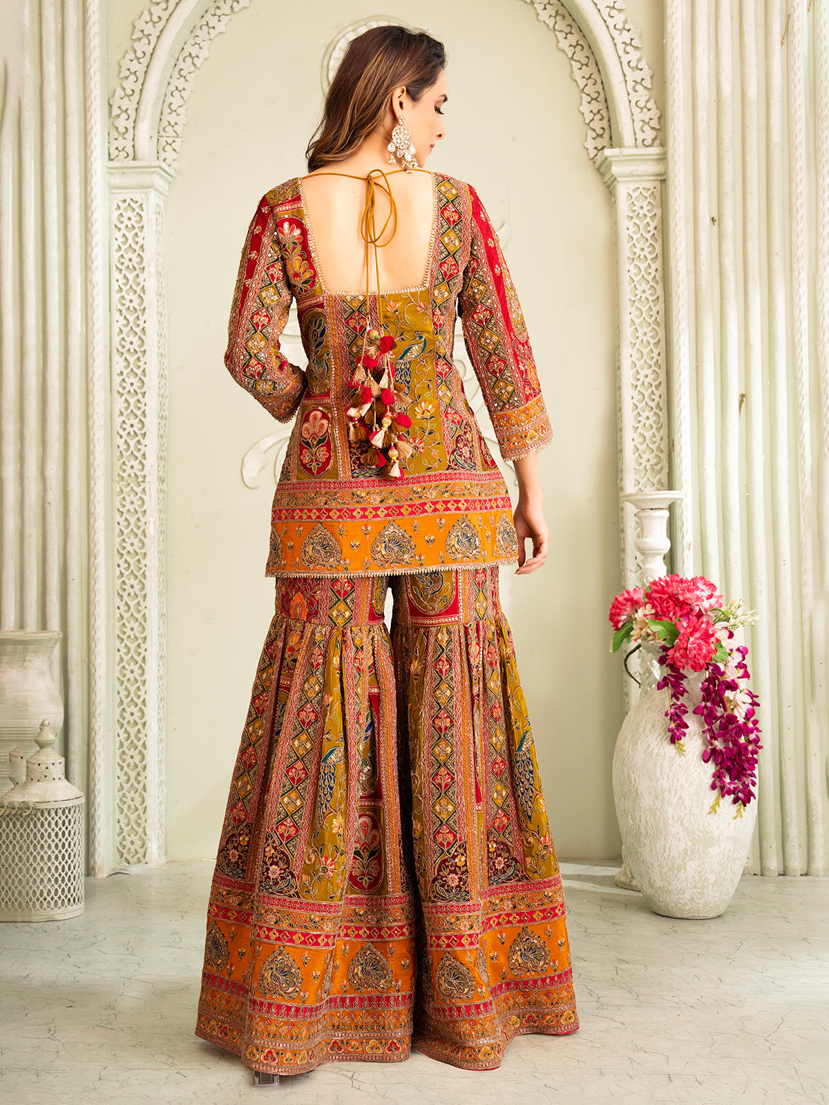Pastel mehendi green silk sharara set with quarter sleeves for women