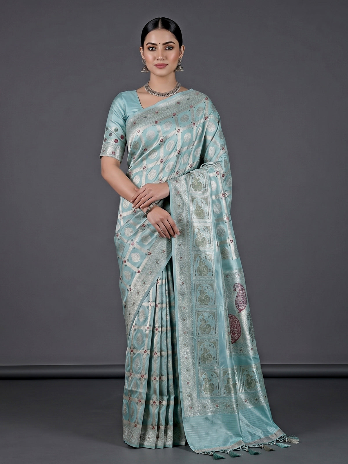 Light blue pure banarasi silk floral motif festive saree
