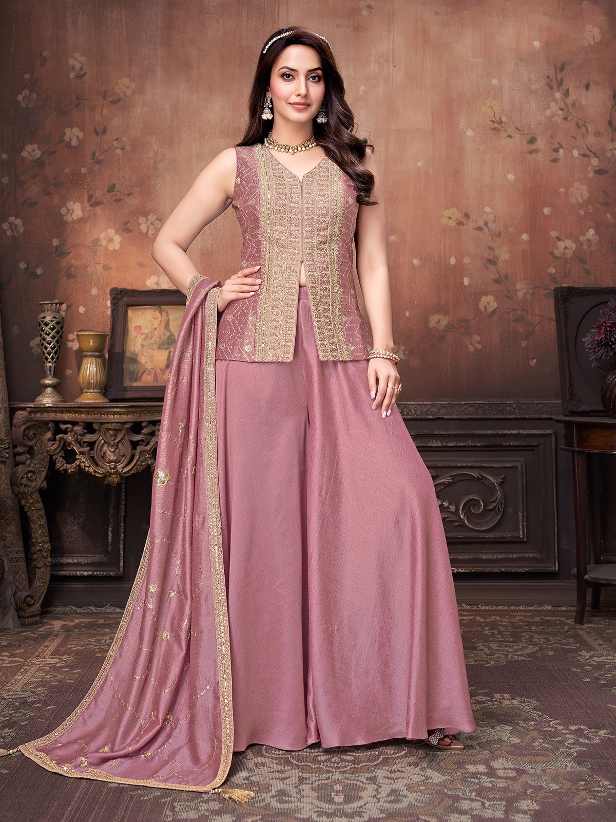 Onion pink silk palazzo auit for women wedding wear
