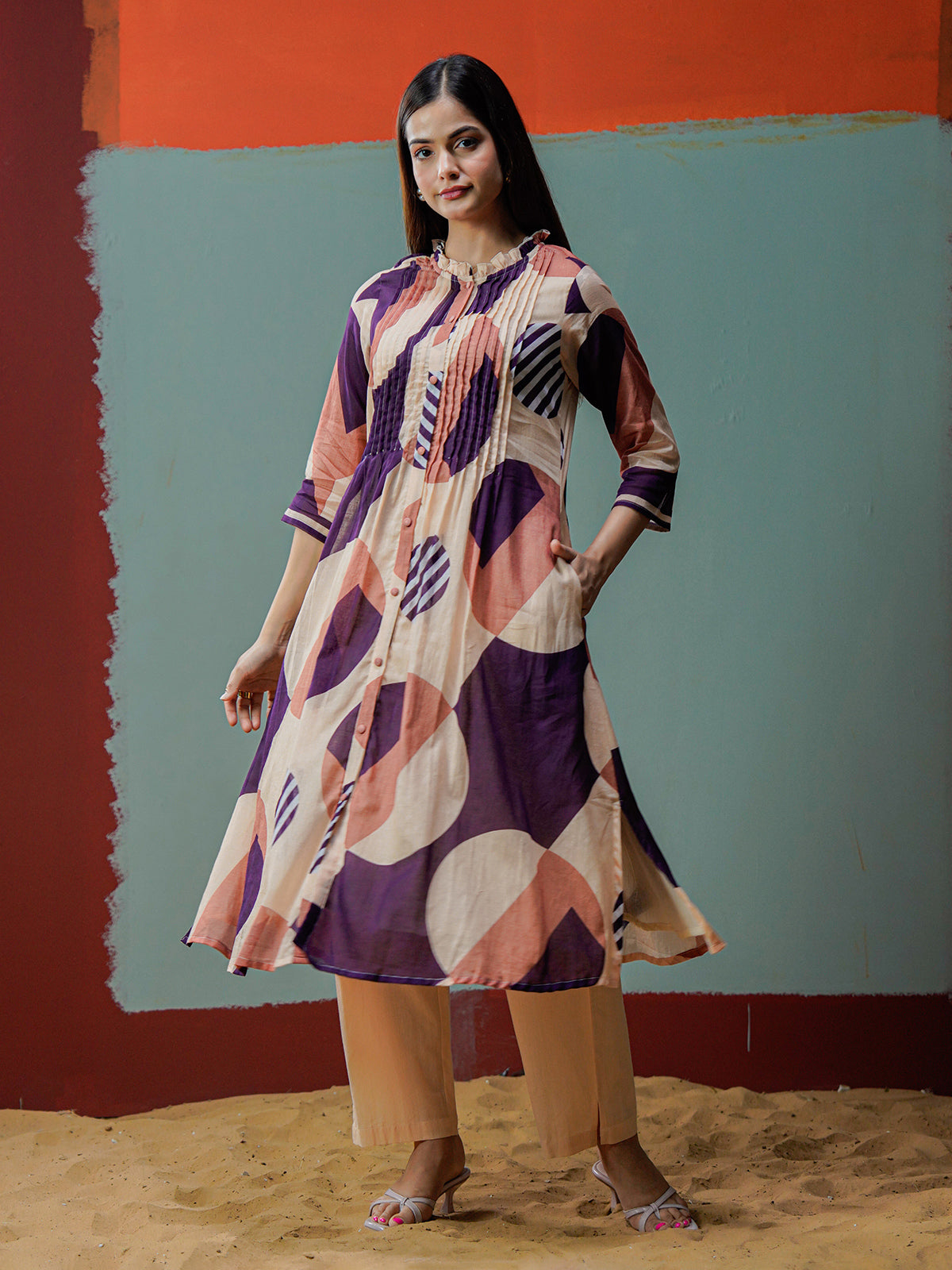 Cream purple cotton printed kurti set with stand collar