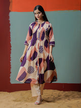 Cream purple cotton printed kurti set with stand collar