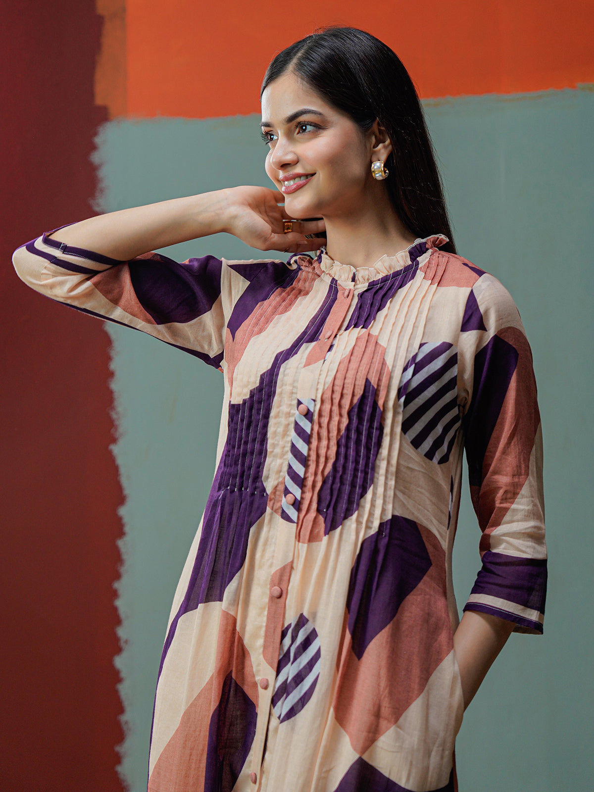 Cream purple cotton printed kurti set with stand collar