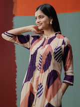 Cream purple cotton printed kurti set with stand collar