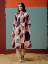 Cream purple cotton printed kurti set with stand collar