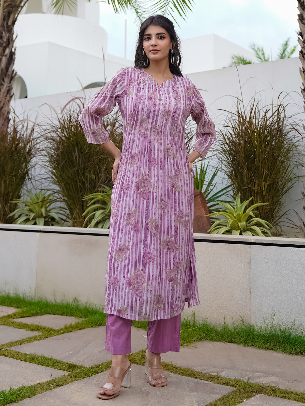 Purple silk floral printed kurti set for festive wear