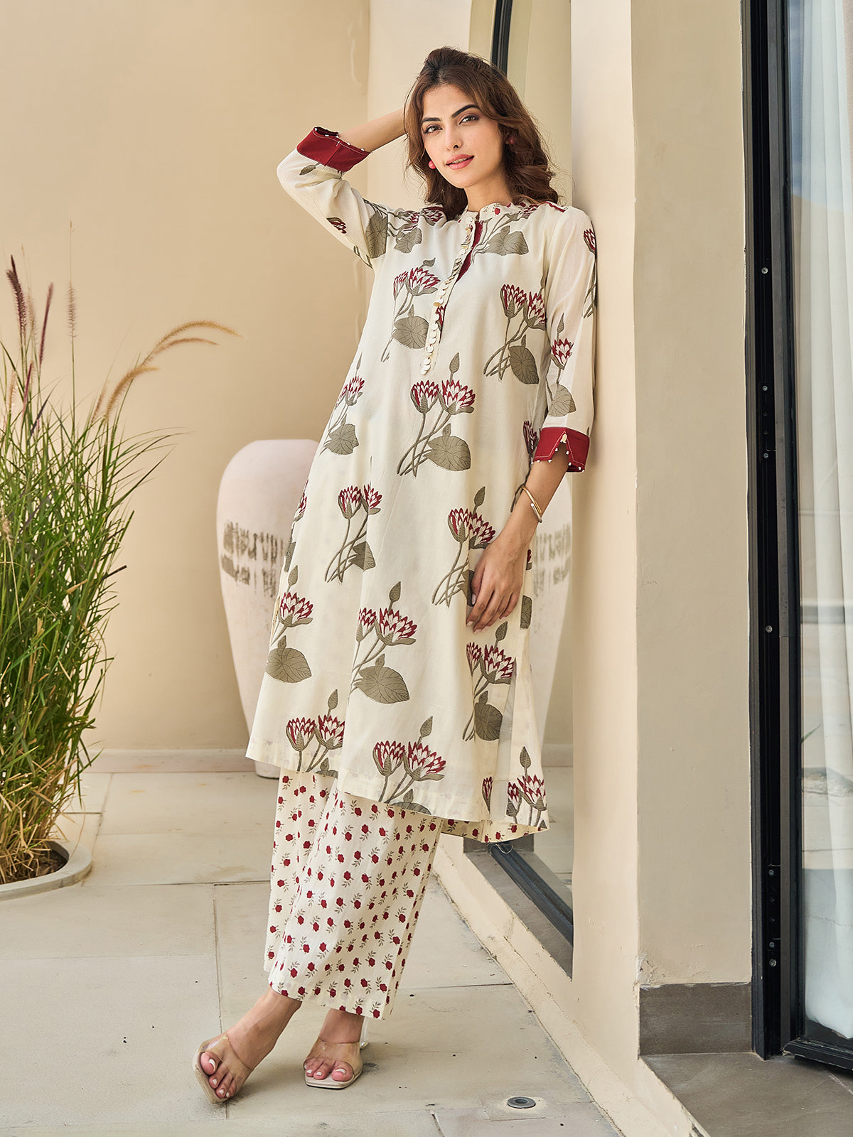Cream maroon floral cotton silk kurti set with pant