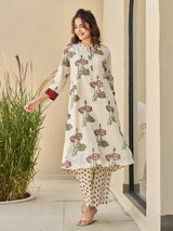 Cream maroon floral cotton silk kurti set with pant