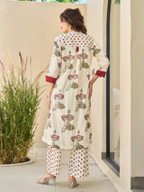 Cream maroon floral cotton silk kurti set with pant