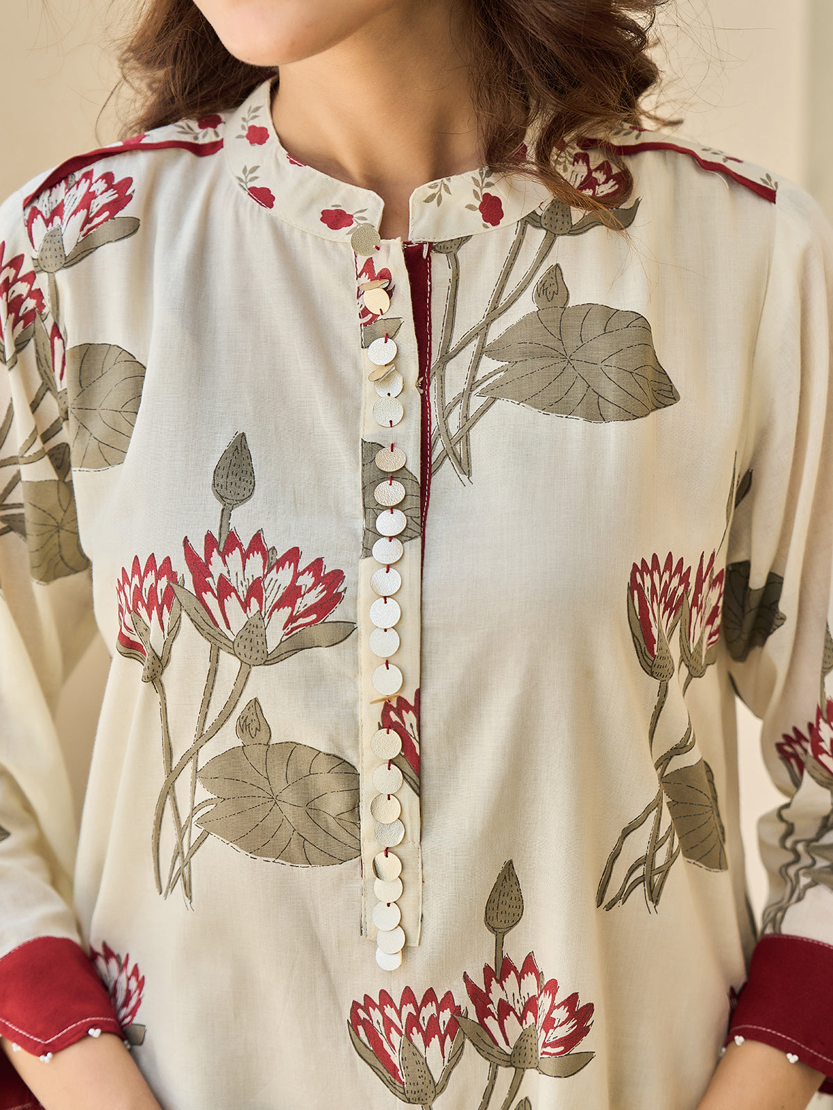 Cream maroon floral cotton silk kurti set with pant