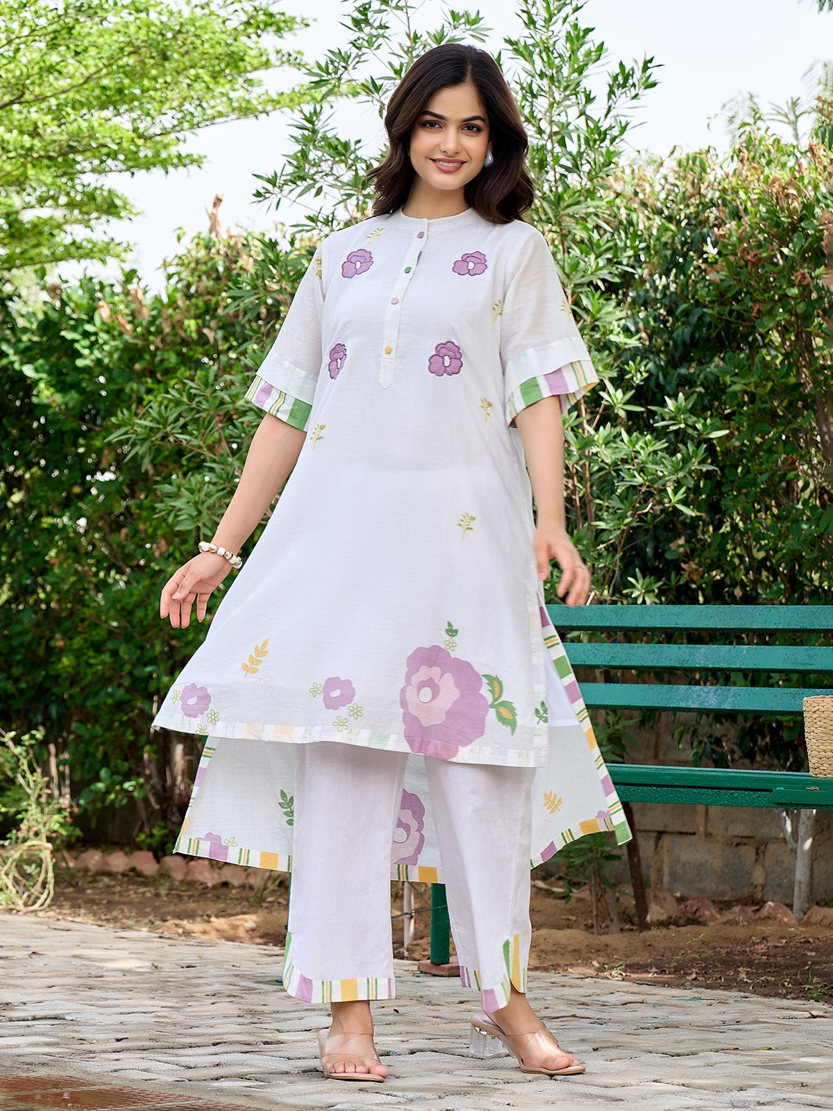 White cotton designer kurti set with elegant embroidery