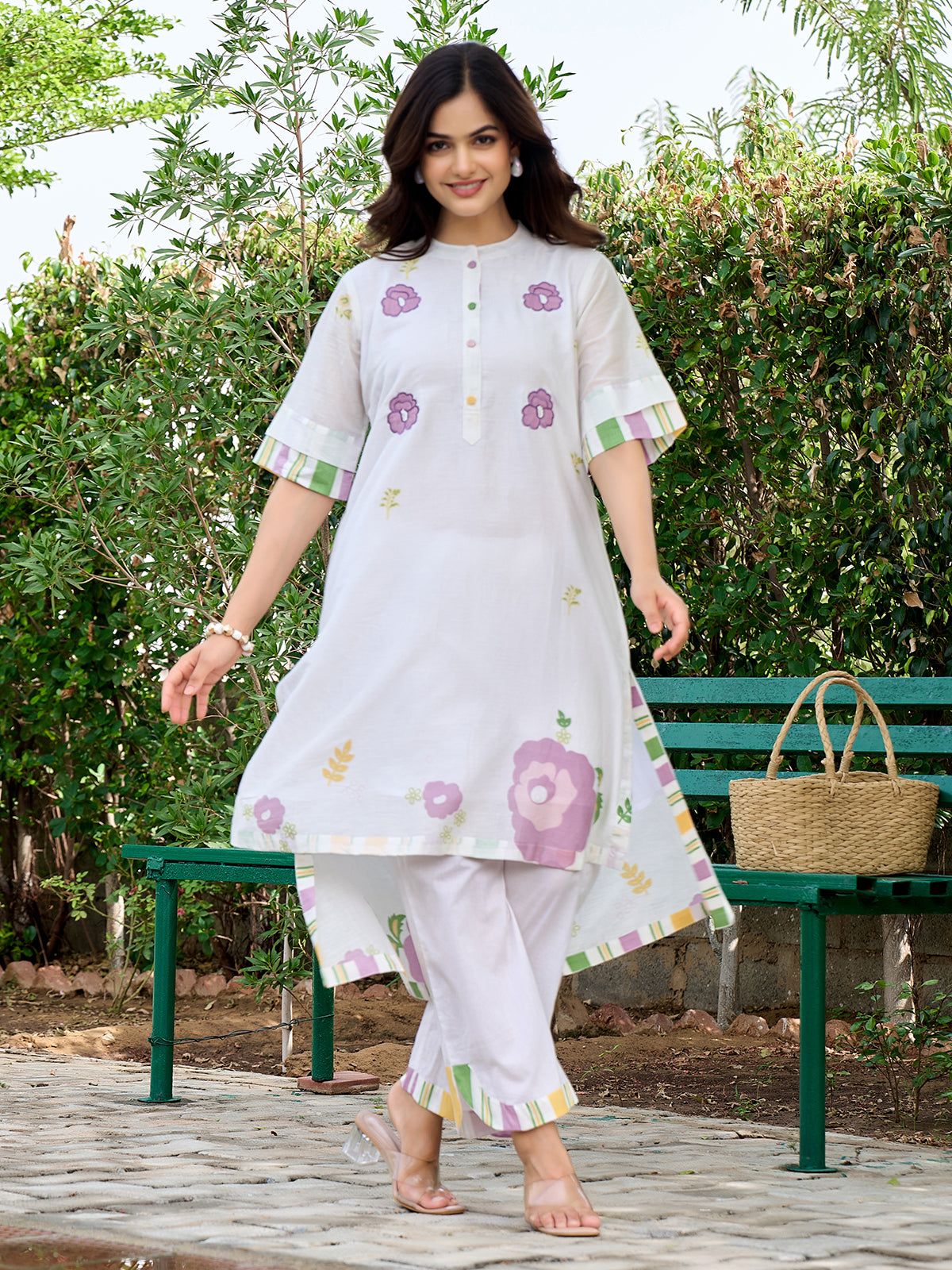 White cotton designer kurti set with elegant embroidery