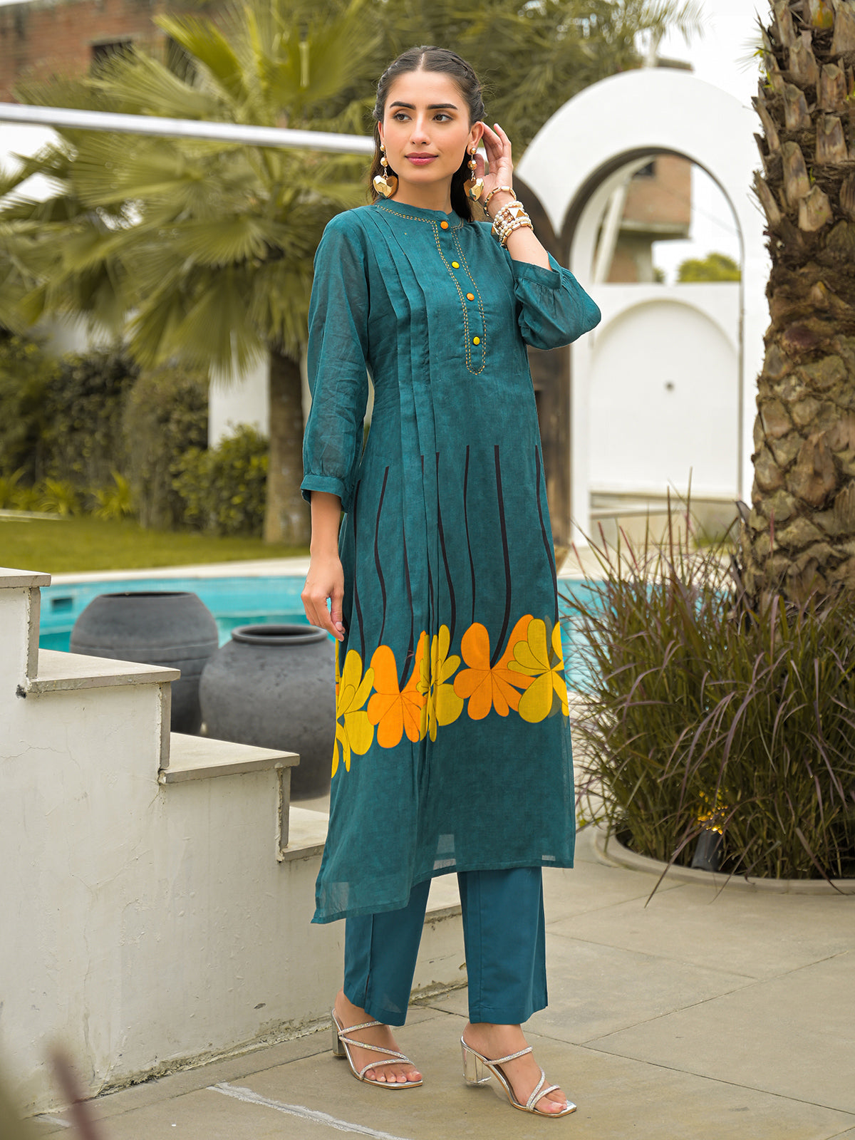 Rama green cotton floral printed kurti set with pant