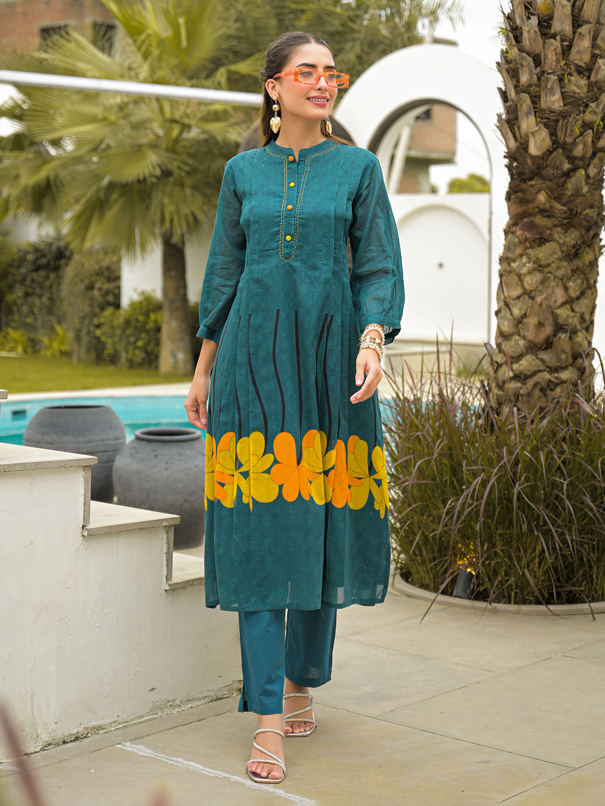 Rama green cotton floral printed kurti set with pant