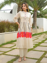 Cream cotton floral printed kurti set for daily wear