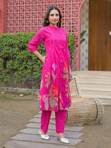 Rani pink silk floral printed kurti set for festive