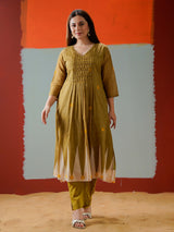 Mehendi olive cotton yoke style kurti set for casual