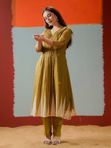 Mehendi olive cotton yoke style kurti set for casual
