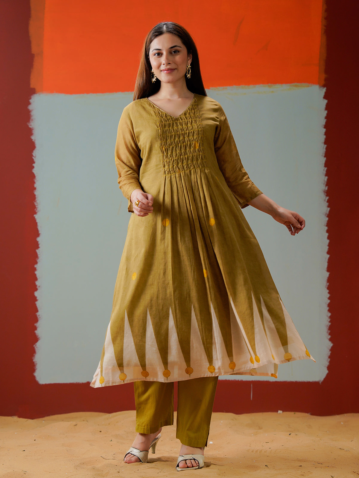 Mehendi olive cotton yoke style kurti set for casual