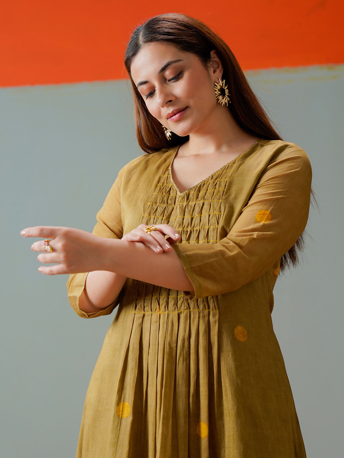Mehendi olive cotton yoke style kurti set for casual