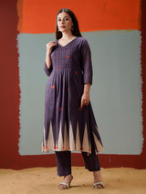 Purple cotton yoke style printed kurti set with pant
