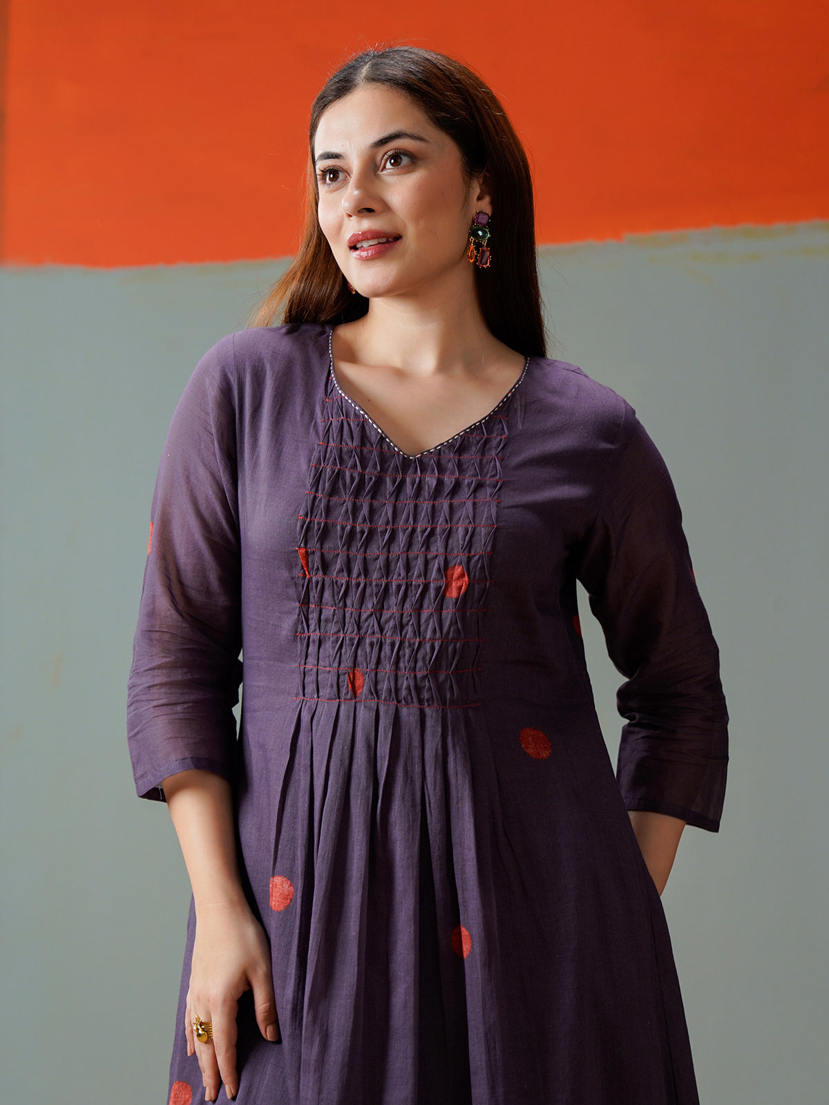 Purple cotton yoke style printed kurti set with pant