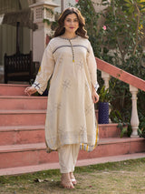 Cream cotton linen printed kurti set with full sleeves