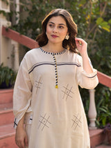 Cream cotton linen printed kurti set with full sleeves