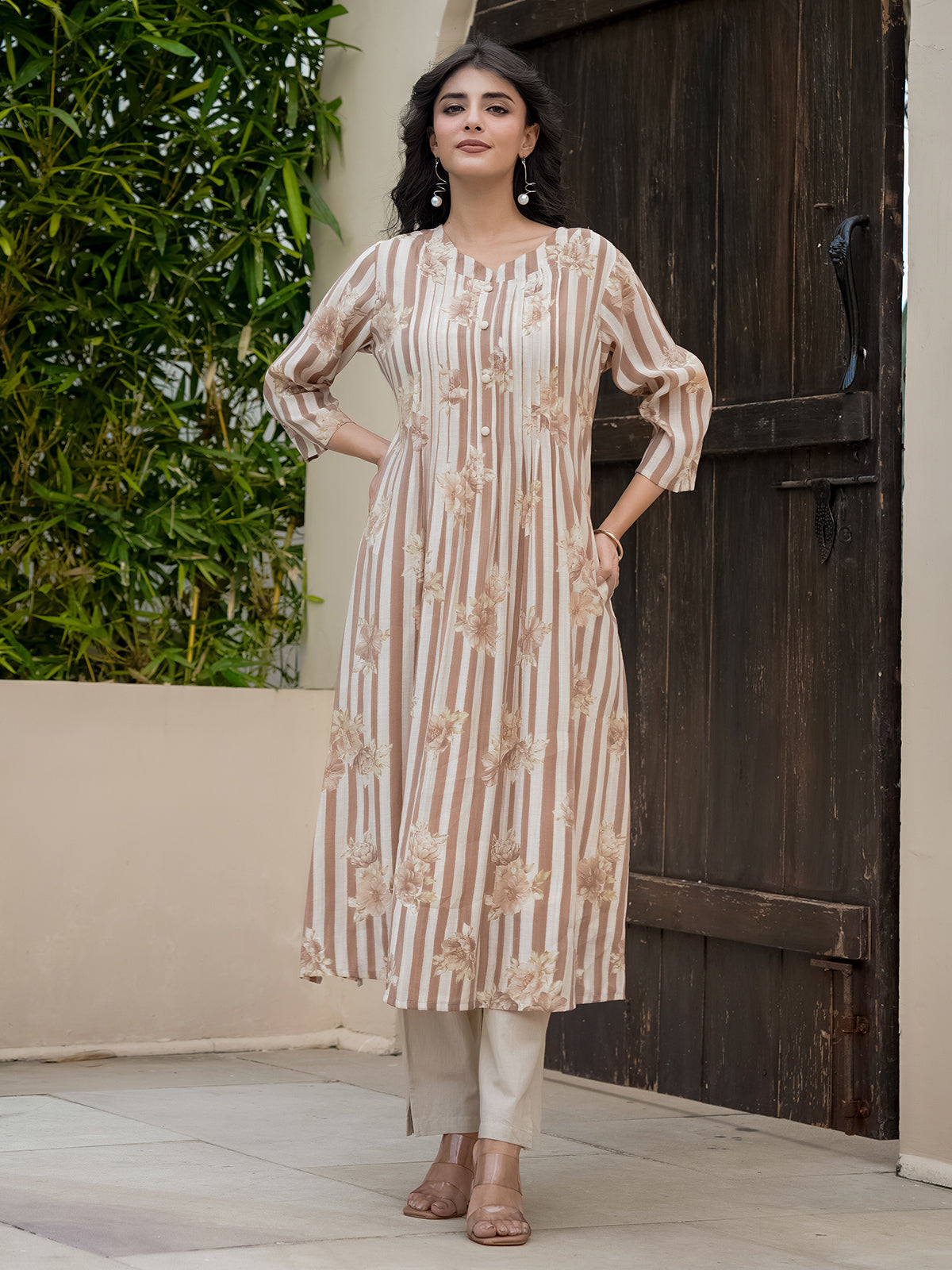 Off white brown georgette floral kurti set for festive