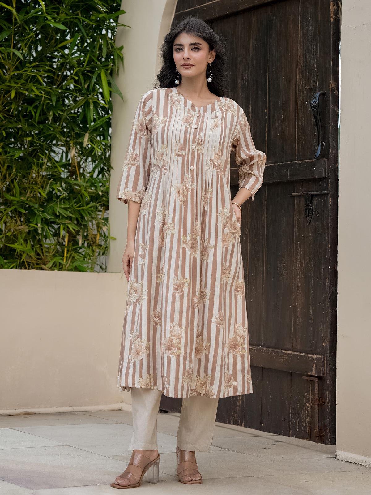 Off white brown georgette floral kurti set for festive
