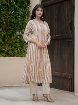 Off white brown georgette floral kurti set for festive