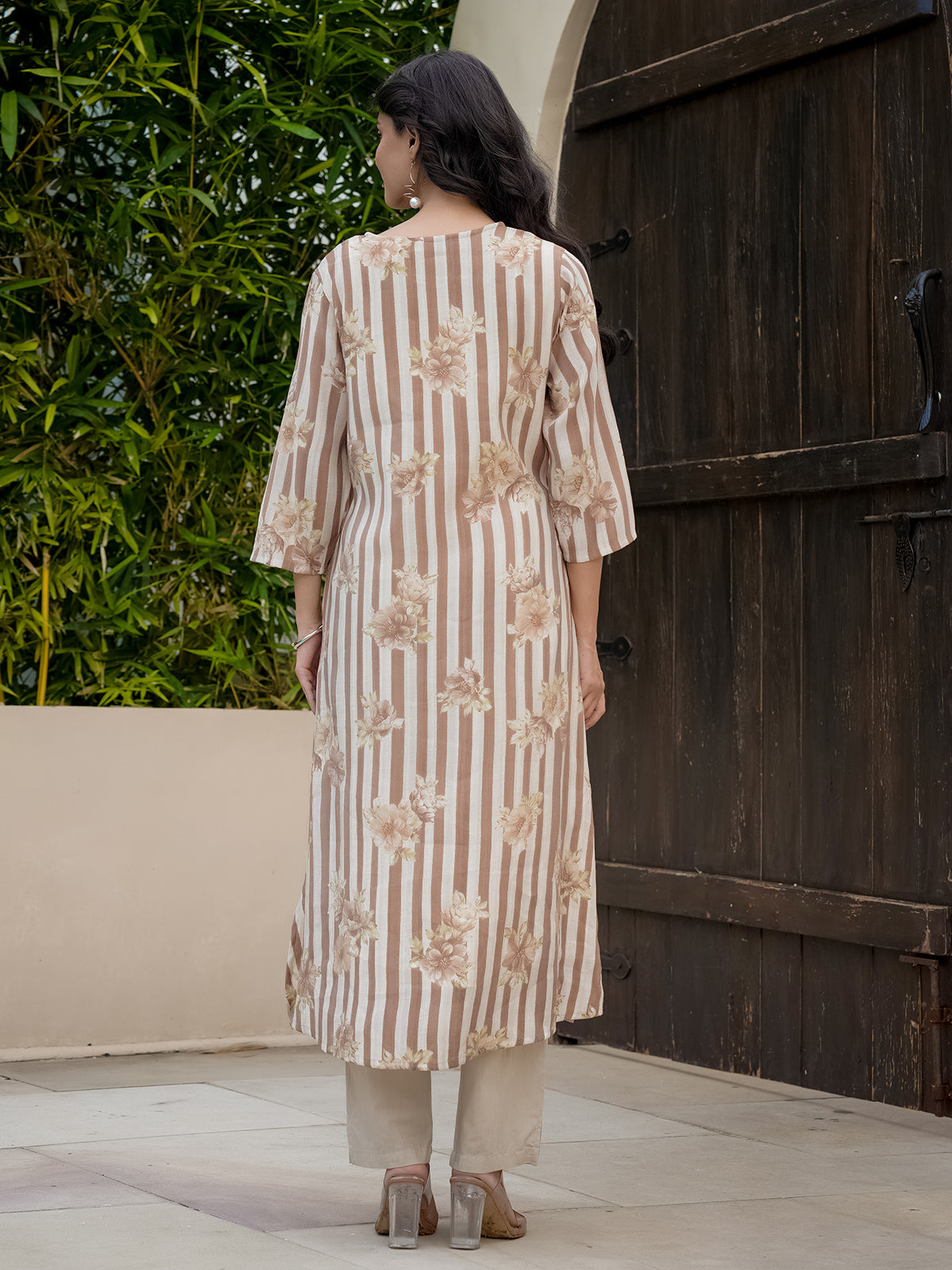 Off white brown georgette floral kurti set for festive