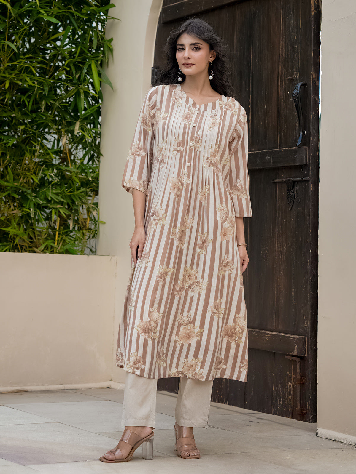 Off white brown georgette floral kurti set for festive