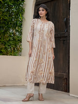 Off white brown georgette floral kurti set for festive