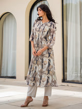Off white silk floral printed kurti set for elegant wear