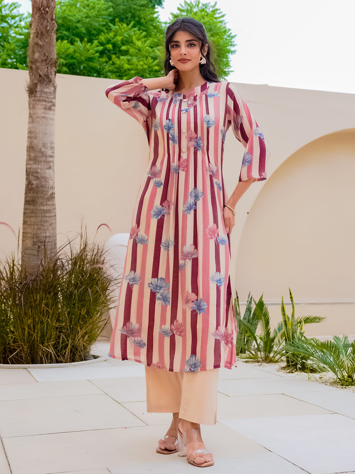 Off white wine georgette floral kurti set for festive