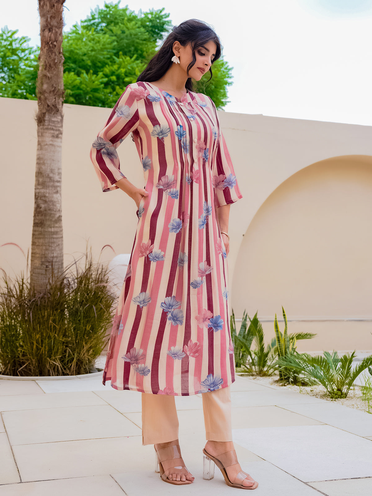 Off white wine georgette floral kurti set for festive