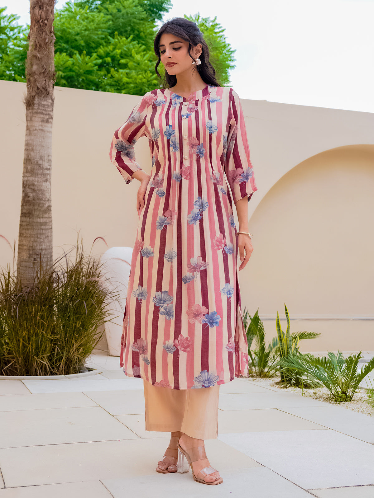 Off white wine georgette floral kurti set for festive
