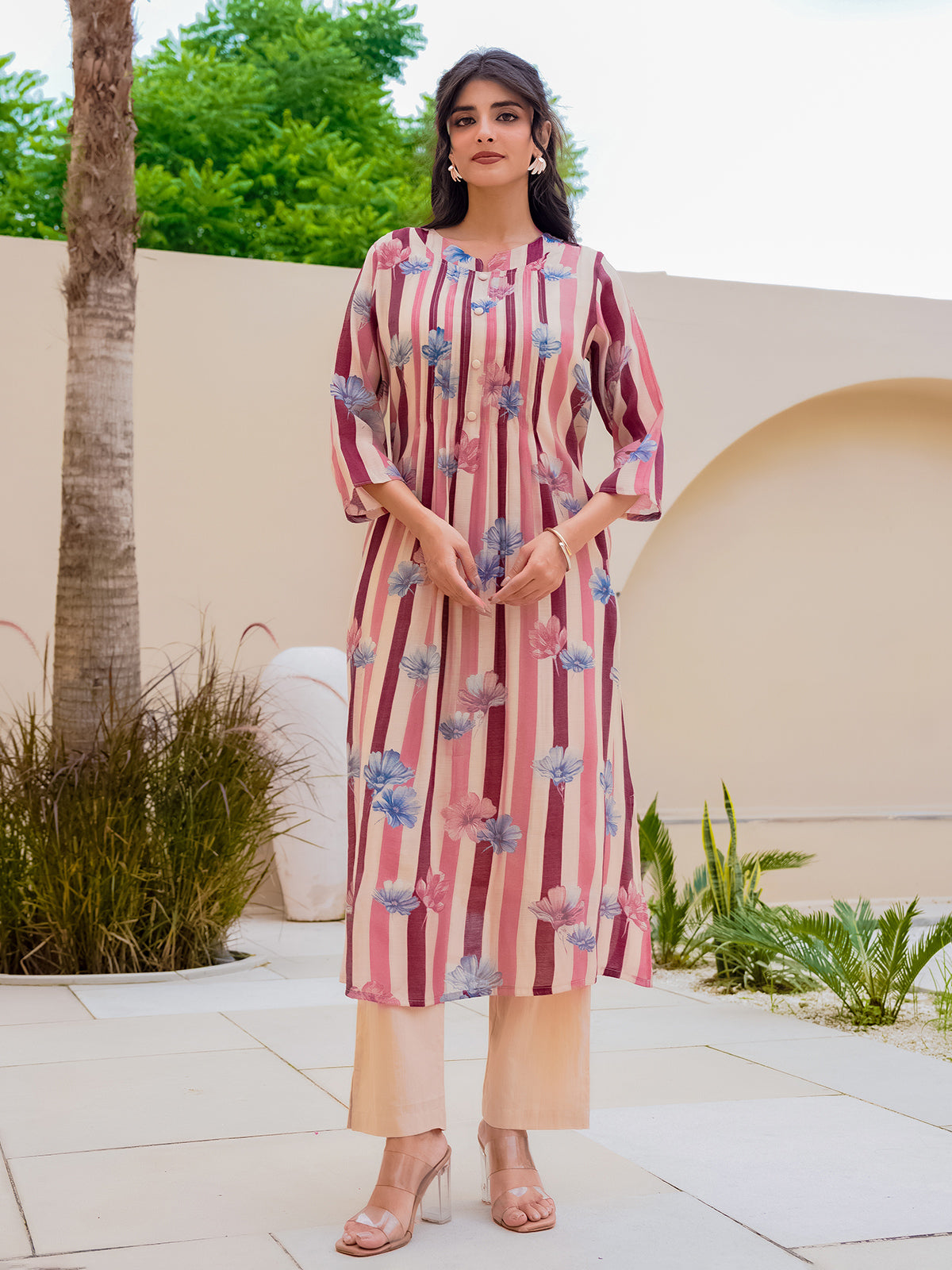Off white wine georgette floral kurti set for festive