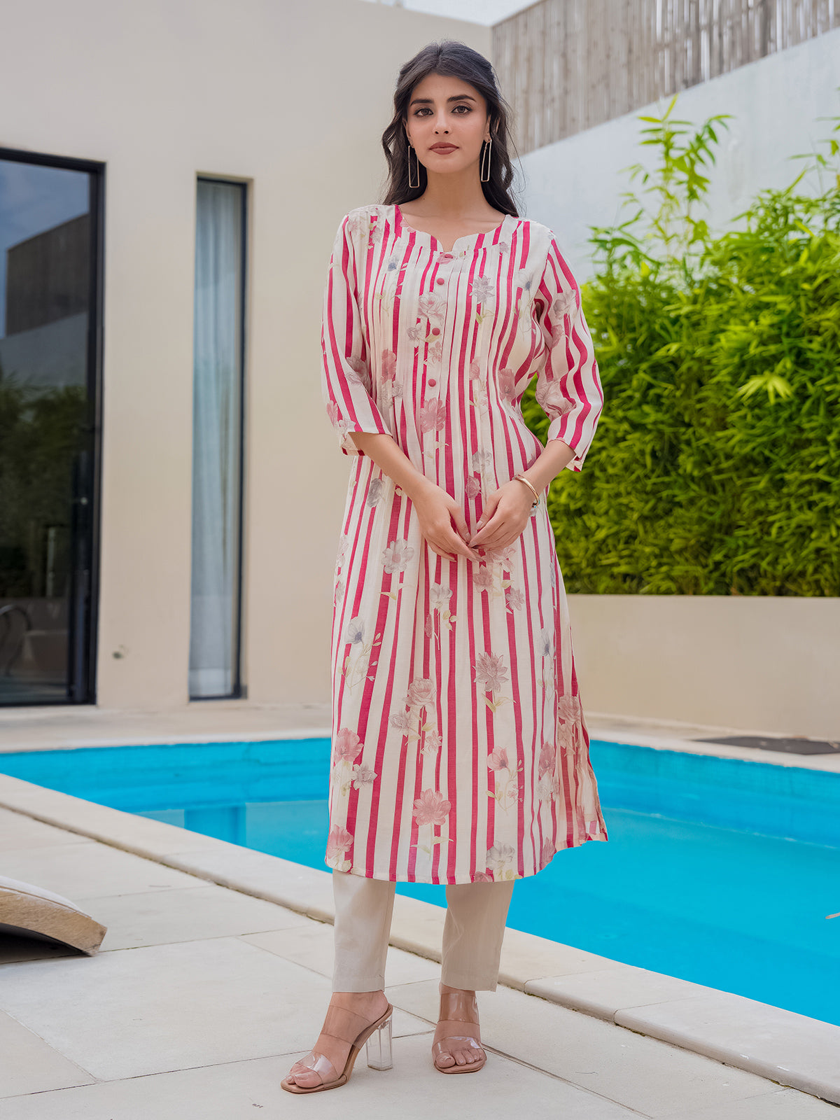 Off white pink silk floral printed kurti set for occasions