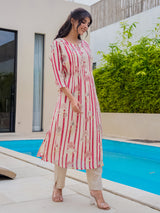 Off white pink silk floral printed kurti set for occasions