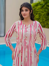Off white pink silk floral printed kurti set for occasions