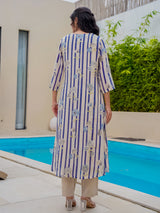 Off white blue silk floral printed kurti set for festive