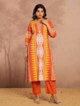 Orange silk printed kurti set for casual festive wear